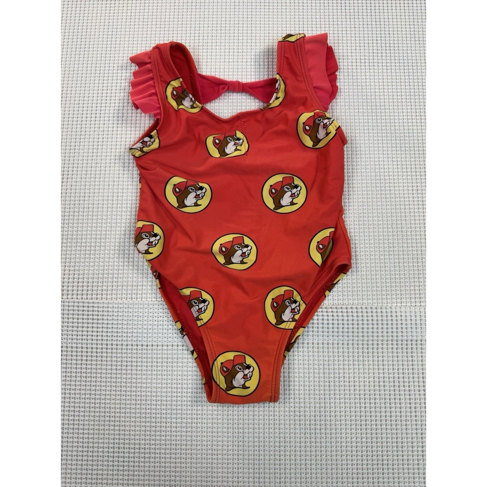 Buc-ee's Baby Swimsuit 12-18M One Piece Red Beaver Print Girls Ruffle Cute